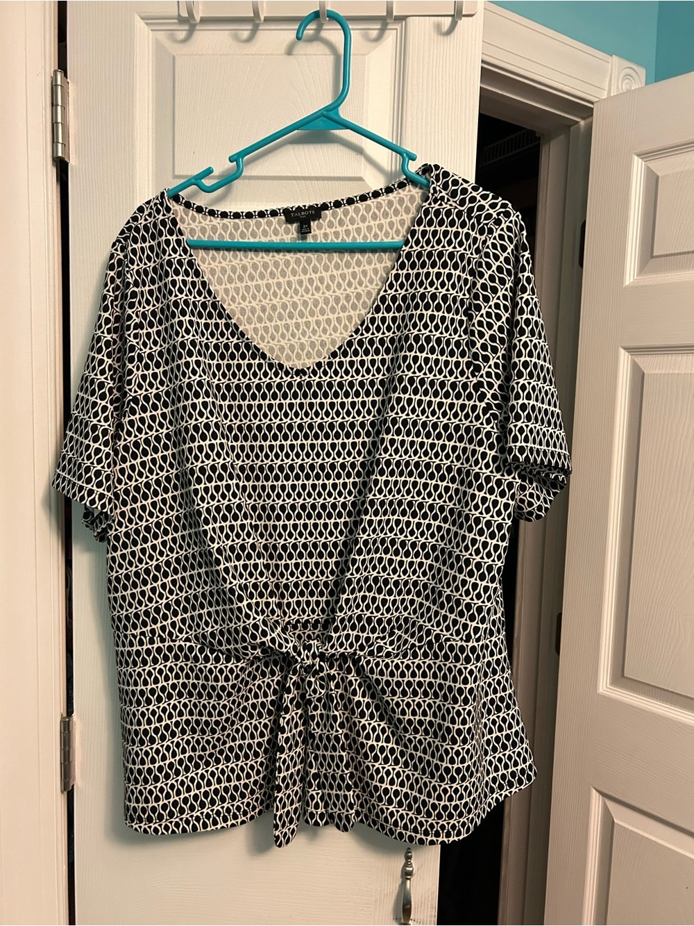 Talbots Black and White Tie-Front V-Neck Blouse